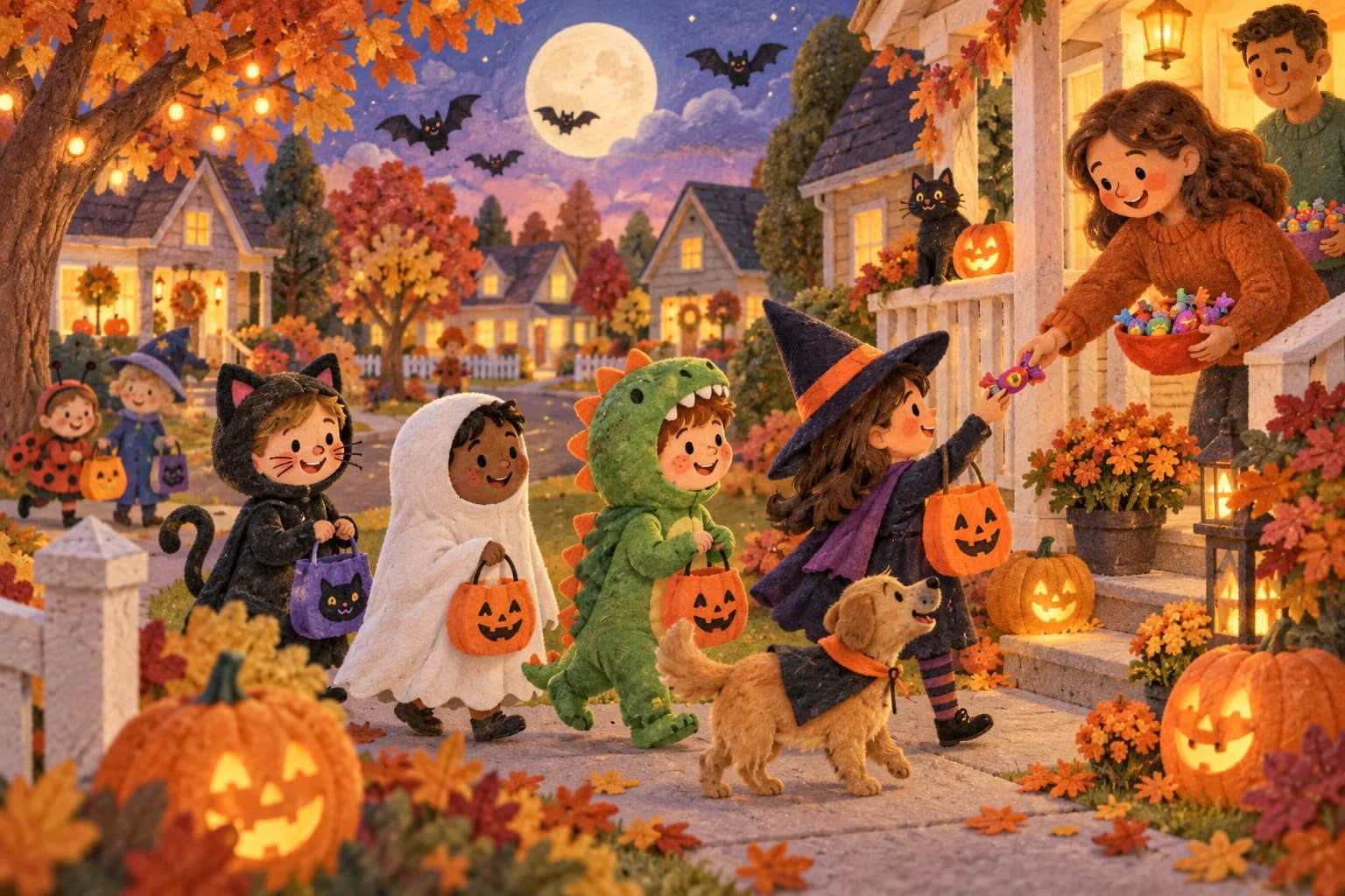 Enfants déguisés recevant des bonbons devant des maisons décorées pour Halloween