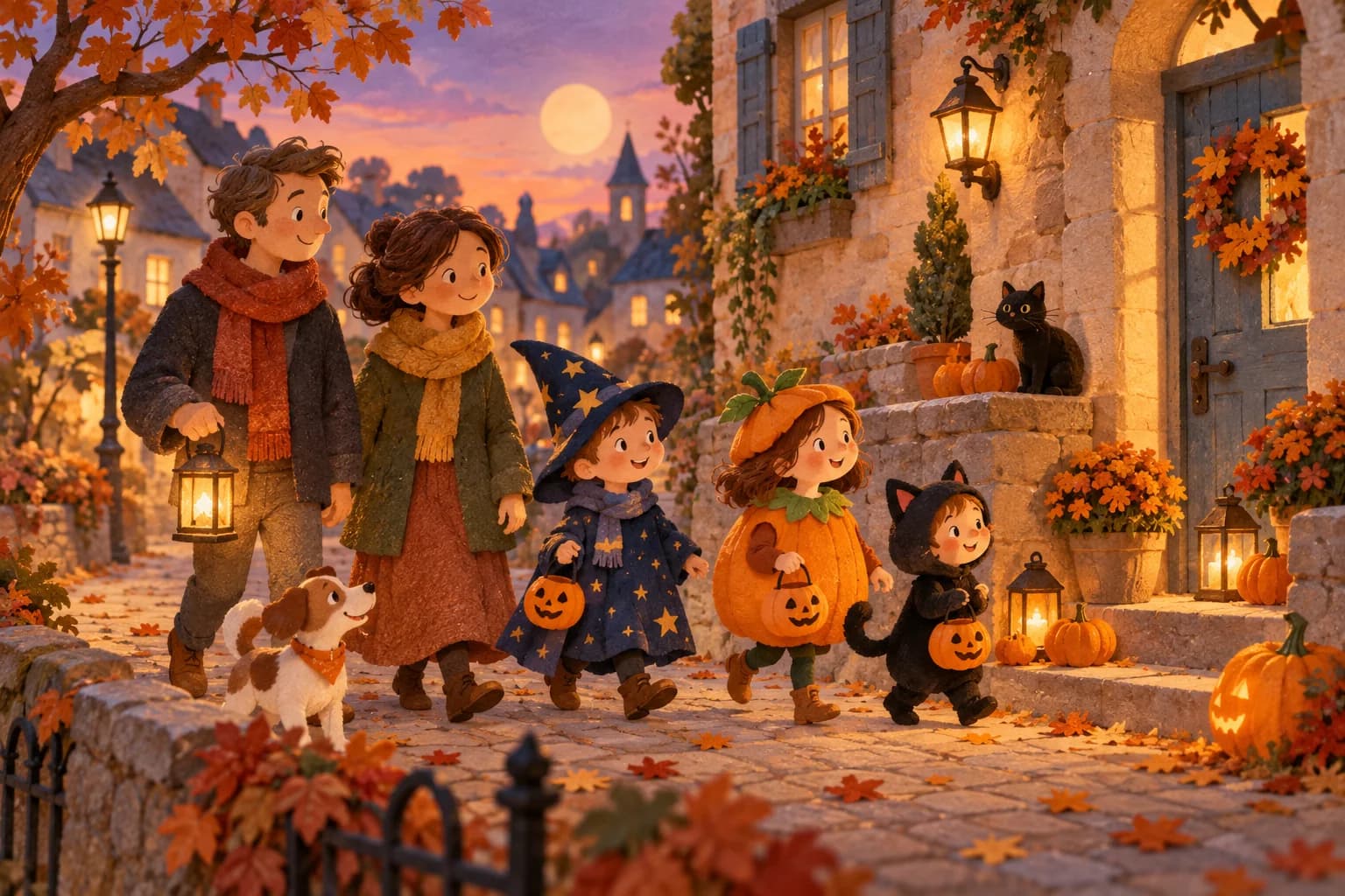 Une famille costumée marche dans un quartier calme au début de la soirée d’Halloween.