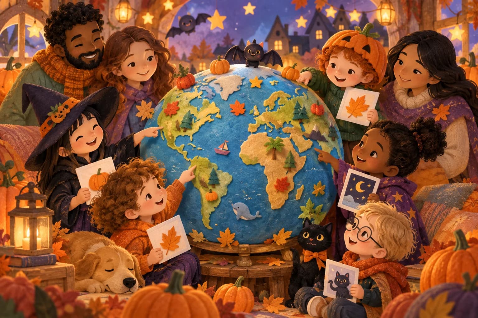 Des enfants et des parents souriants découvrent des formules d’Halloween autour d’un globe décoré de citrouilles et de feuilles.