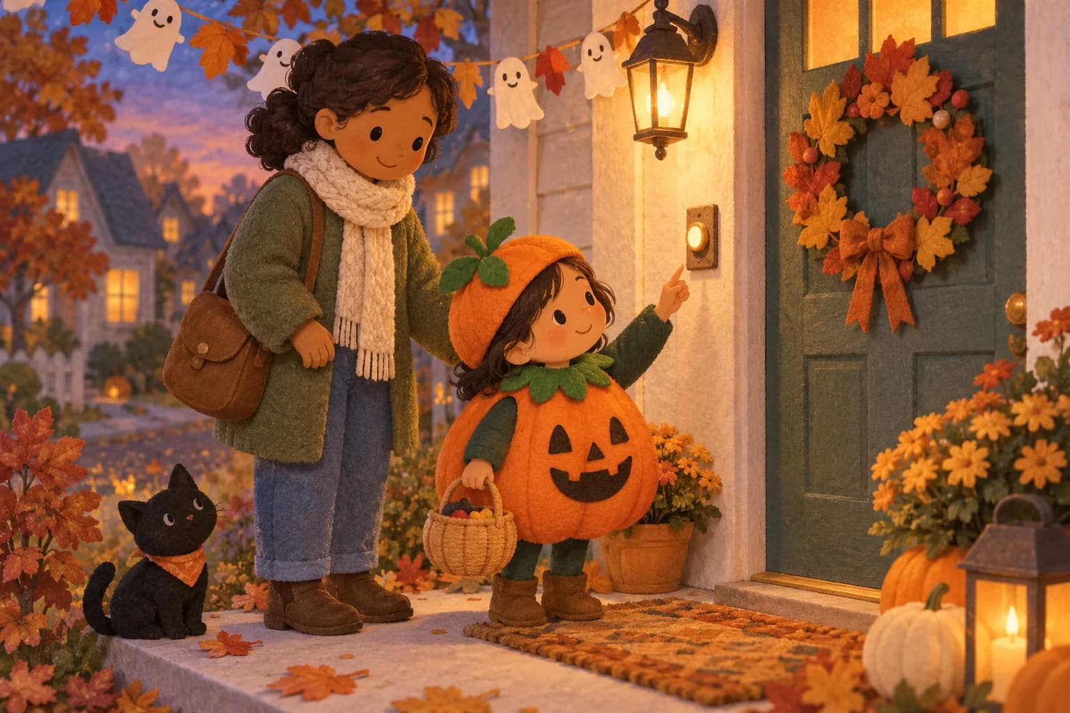 Un enfant déguisé en citrouille hésite devant une sonnette, avec un parent à ses côtés et un décor d’Halloween doux.