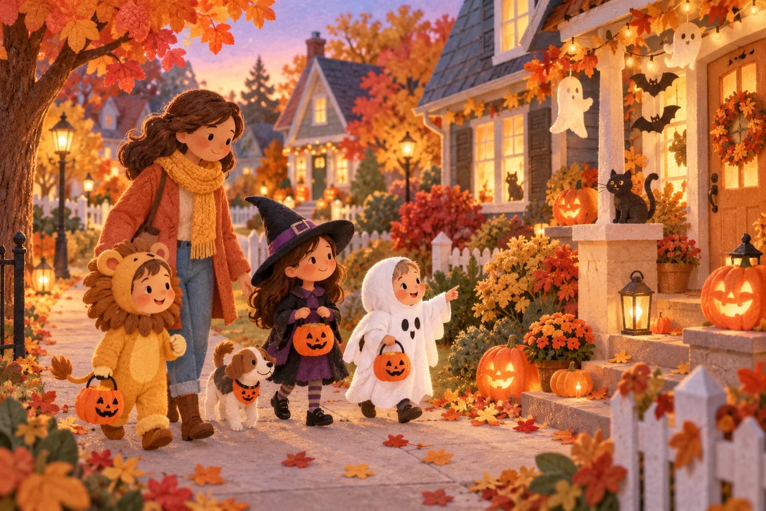 Un parent et deux enfants observent des maisons décorées pour Halloween dans un quartier d’automne