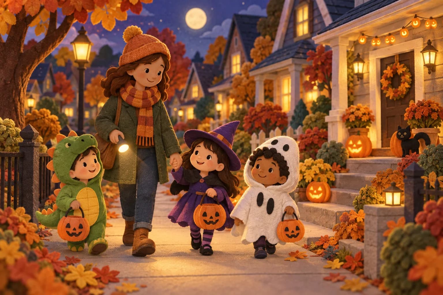 Un adulte accompagne trois enfants costumés avec une lampe dans une rue éclairée