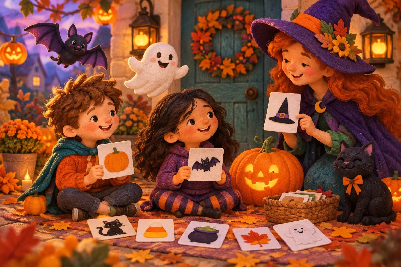 Deux enfants apprennent des mots d'Halloween avec des cartes illustrées près d'une citrouille et de décorations colorées