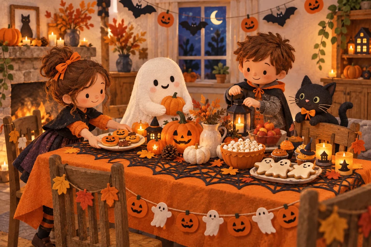 Enfants réunis autour d’une table décorée avec des citrouilles souriantes et des guirlandes colorées pour une fête d’Halloween douce