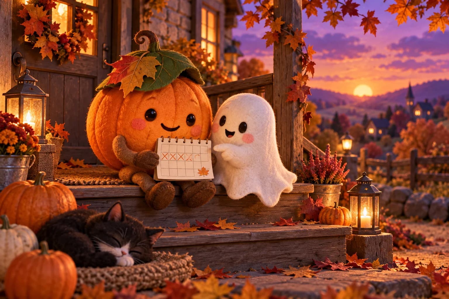 Des citrouilles souriantes et de petits fantômes doux autour d’un calendrier d’Halloween, sur le perron d’une maison au coucher du soleil.