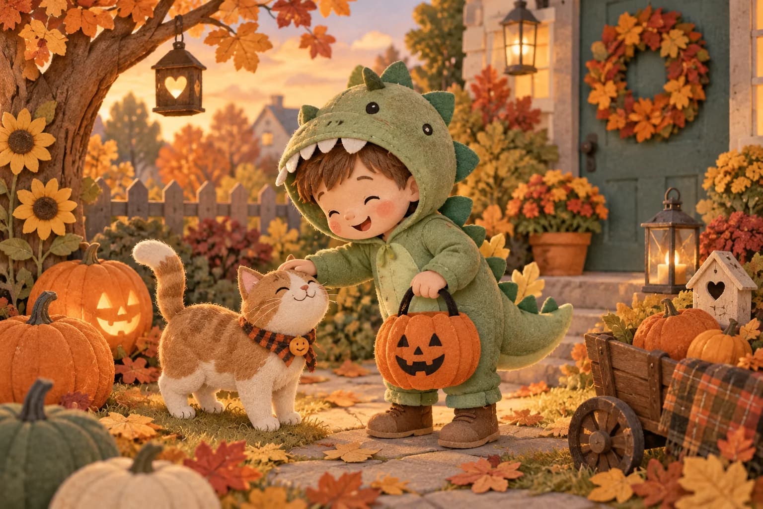 Enfant déguisé en petit dinosaure dans un jardin aux couleurs d’automne