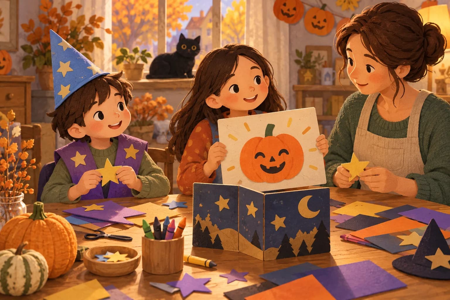 Deux enfants préparent des costumes de magicien étoilés et un tour de carte avec un parent.