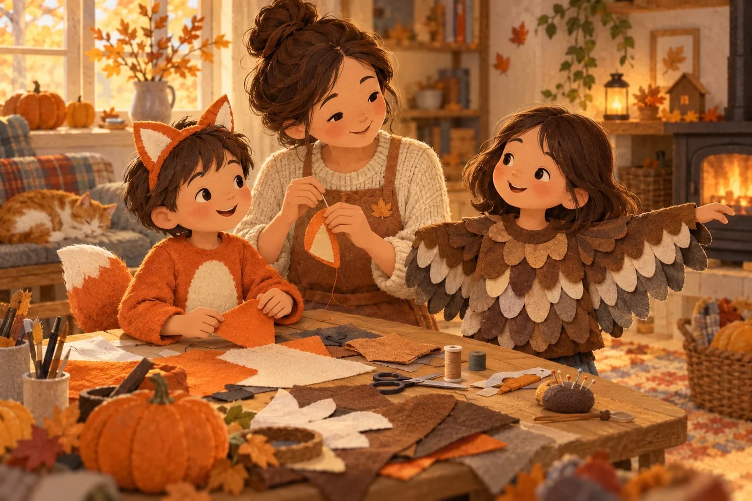 Deux enfants en déguisements de renard et de hibou préparent leurs décorations en tissu avec un parent.