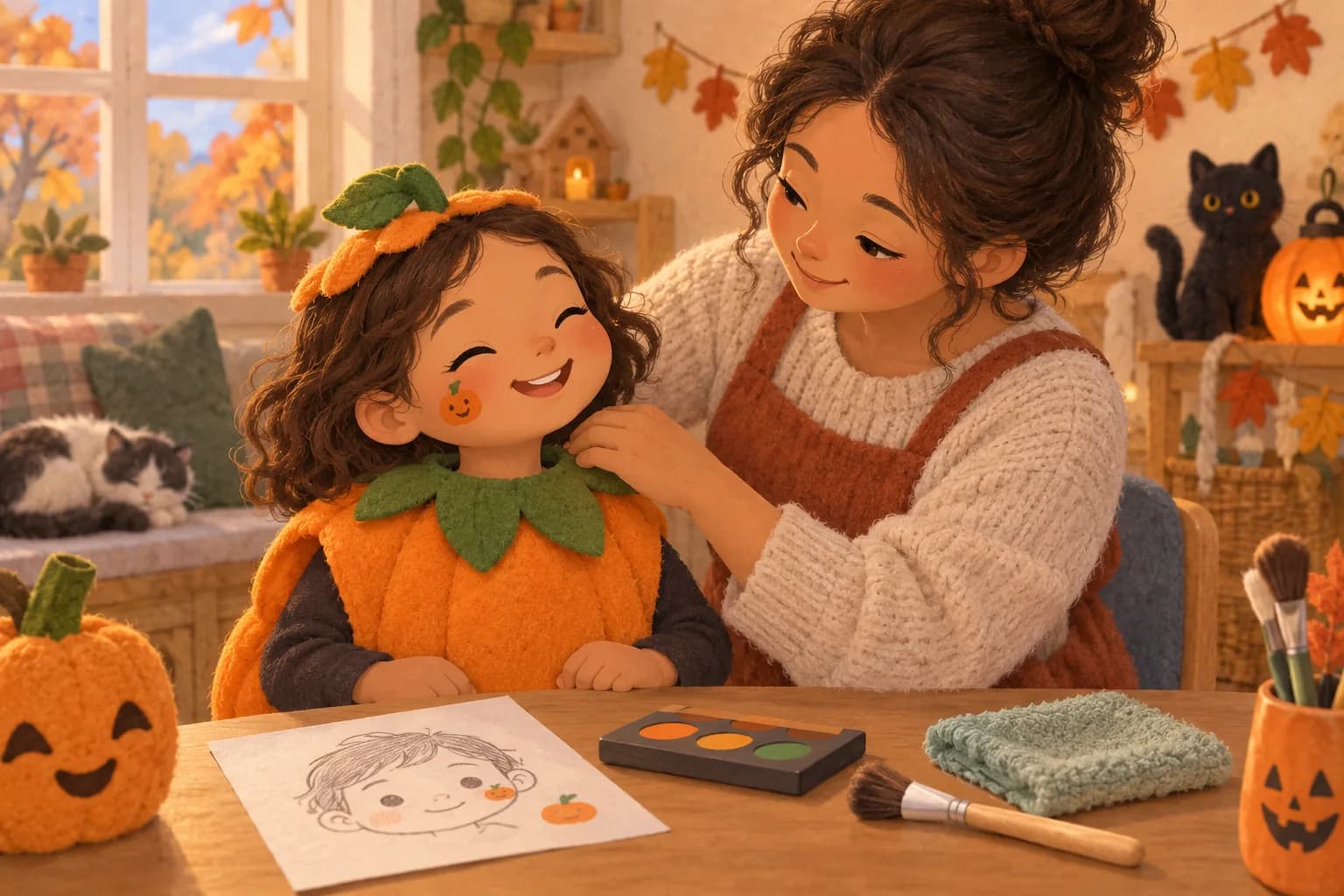 Un parent et son enfant préparent un petit maquillage de citrouille avec un pinceau propre et un modèle sur papier.