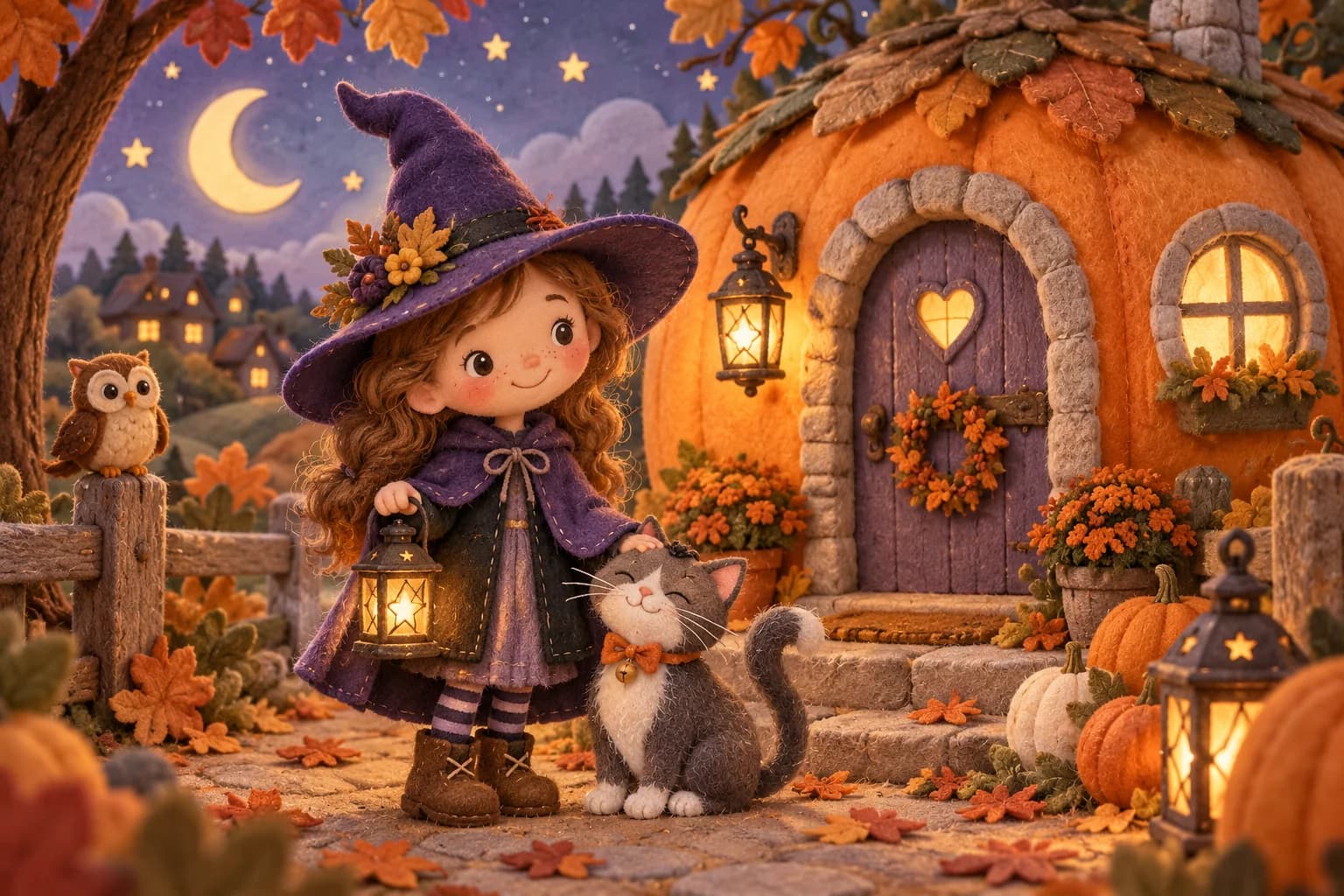Une gentille sorcière au chapeau violet devant une maison accueillante