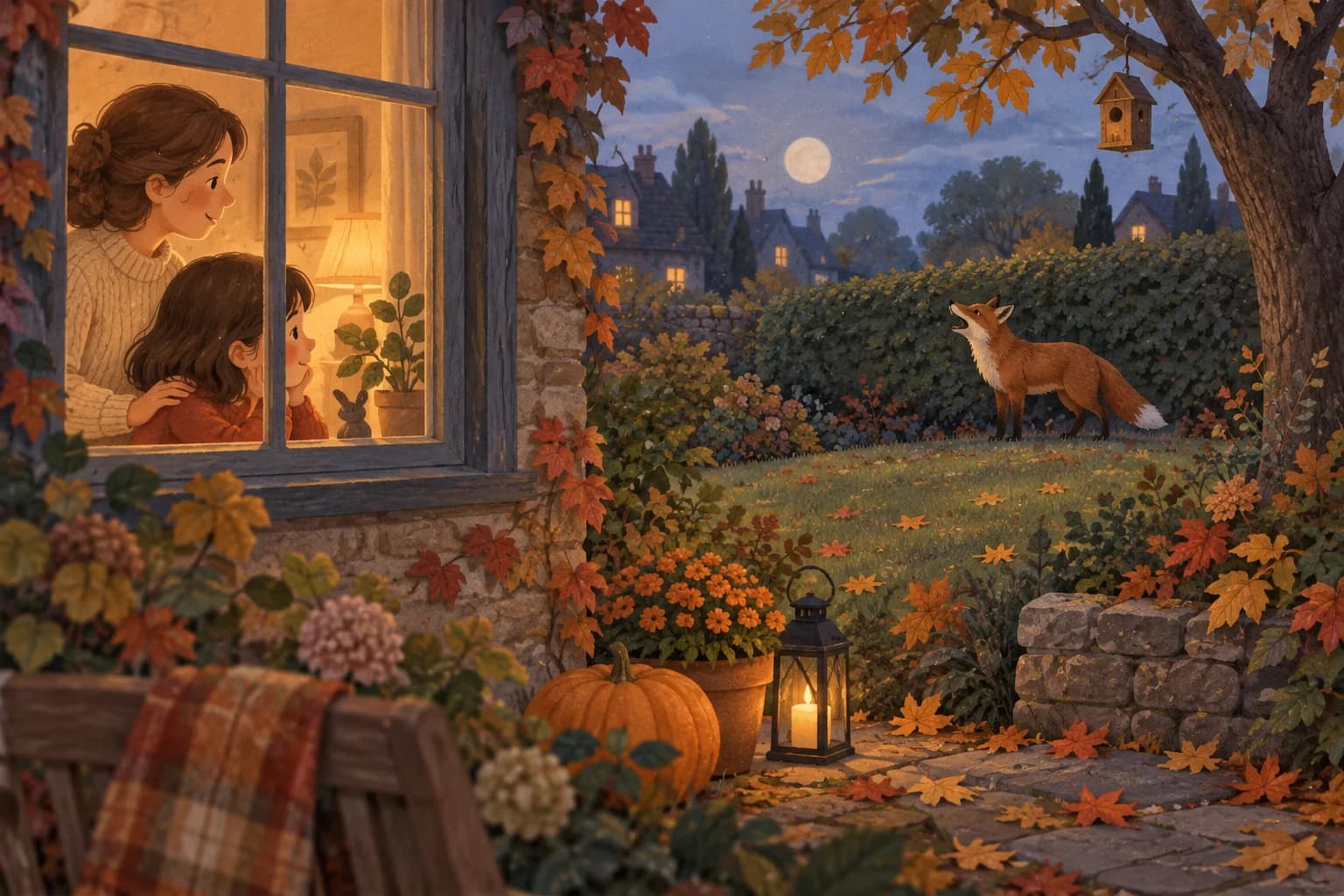 Un enfant et un parent observent depuis une fenêtre un renard qui appelle au fond d’un jardin d’automne.
