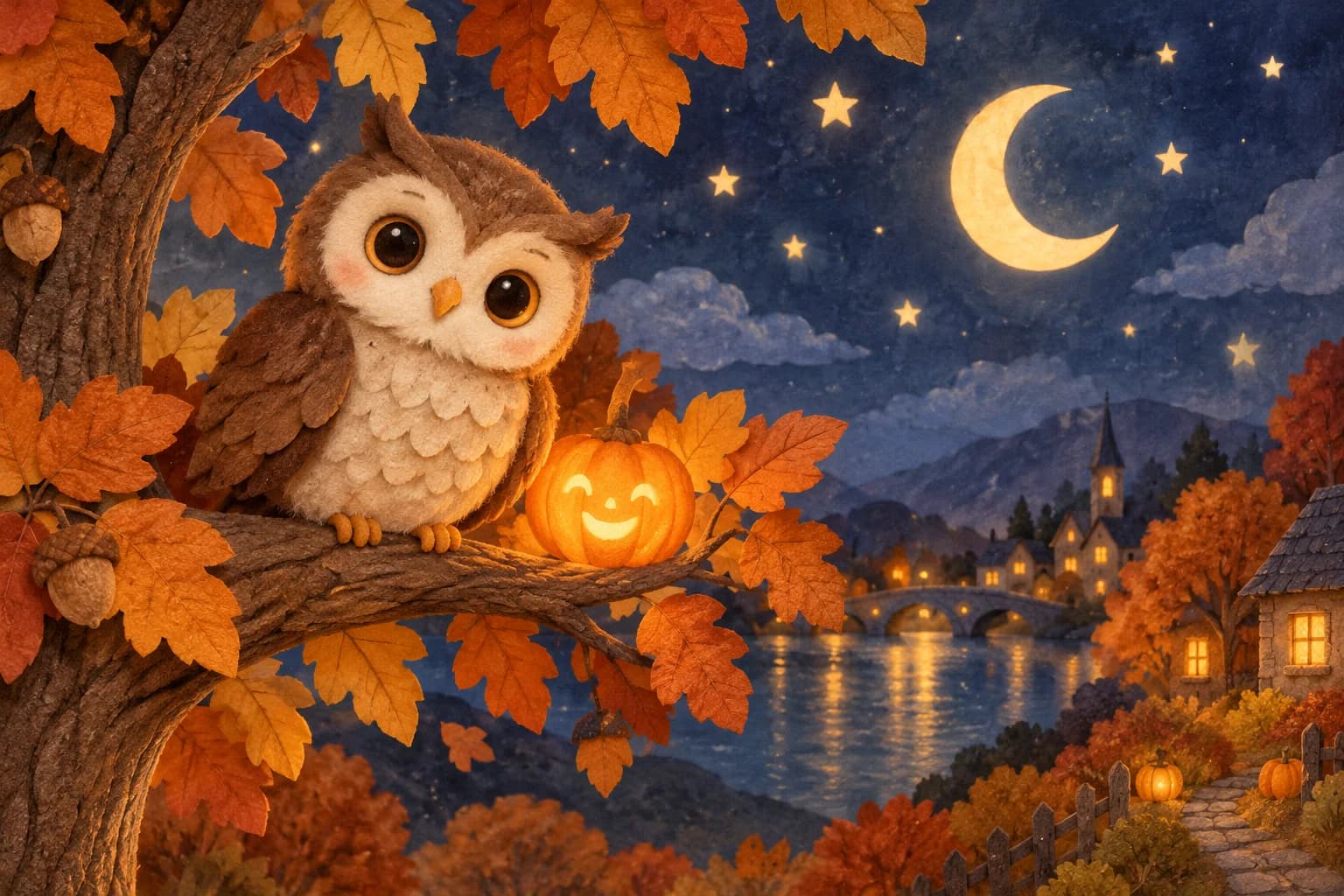 Hibou paisible sur une branche avec une citrouille et des feuilles d’automne