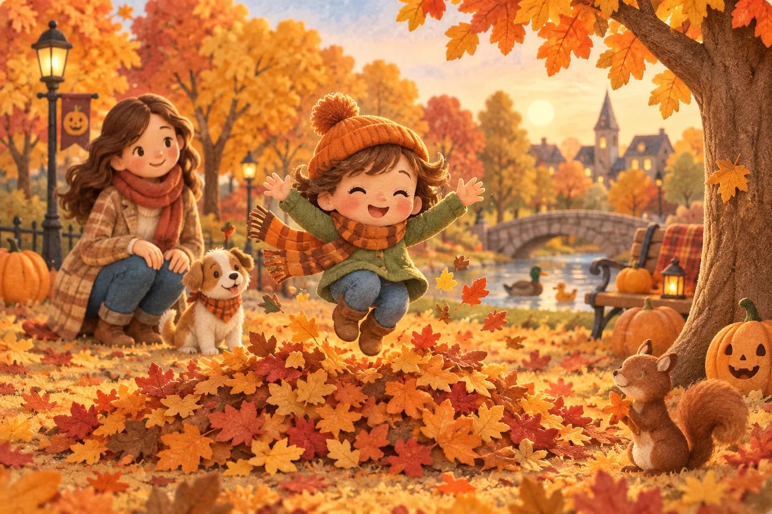 Un enfant saute à pieds joints dans un petit tas de feuilles colorées sous les arbres, avec un adulte à proximité