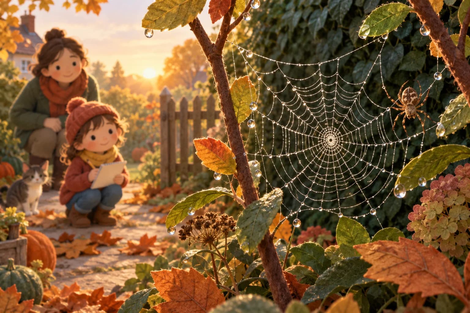 Une toile perlée de rosée brille dans une haie d’automne, observée à distance par un enfant et son parent.