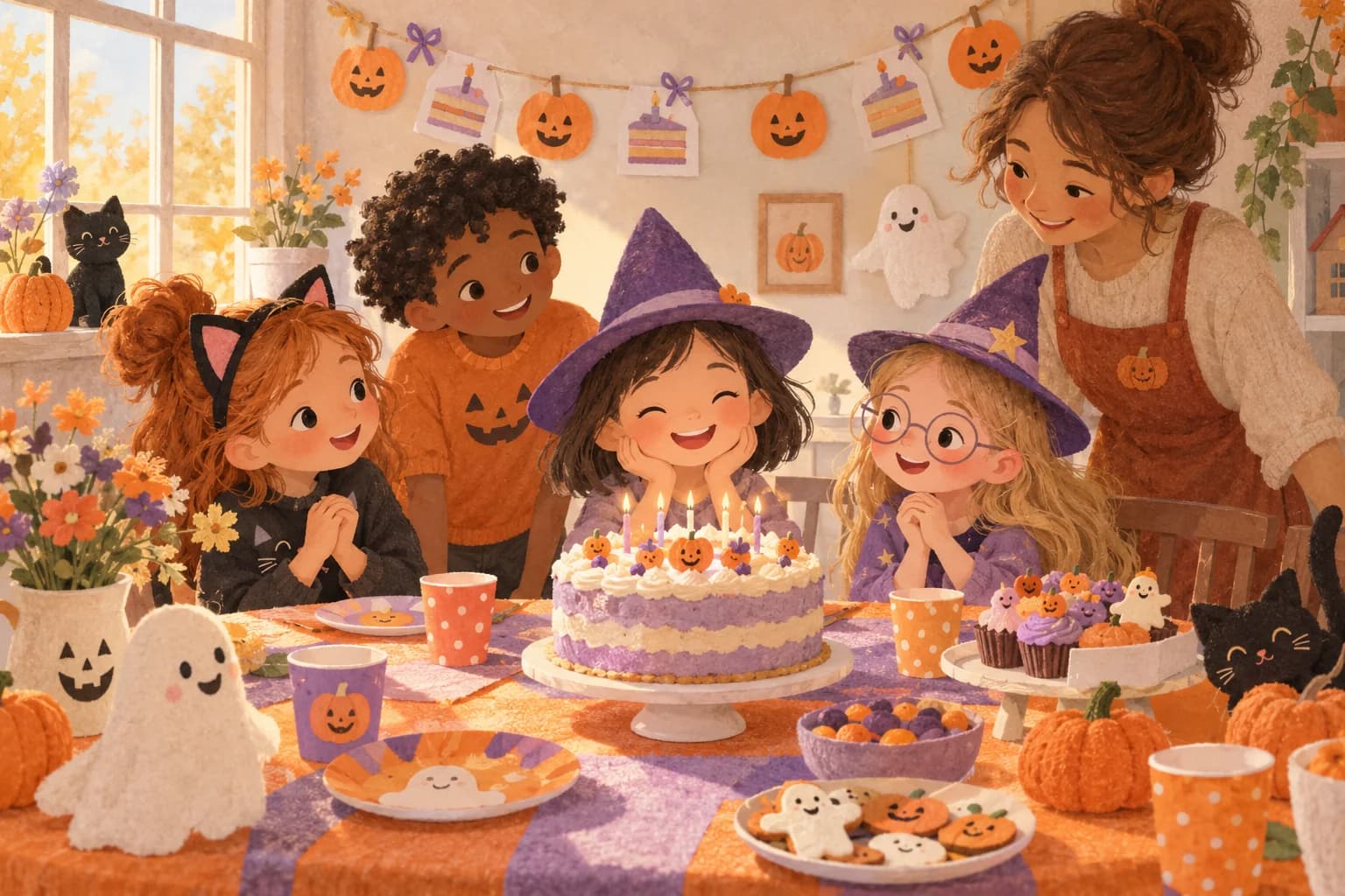 Des enfants réunis autour d’un gâteau d’anniversaire, dans un décor de citrouilles souriantes et de guirlandes faites maison.