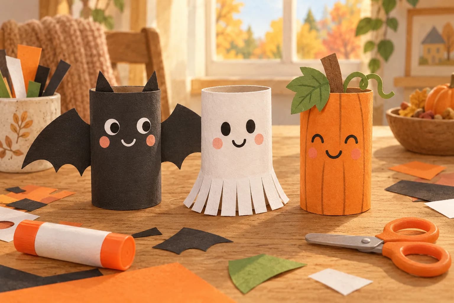 Trois rouleaux en carton transformés en chauve-souris souriante, fantôme à franges et citrouille orange.