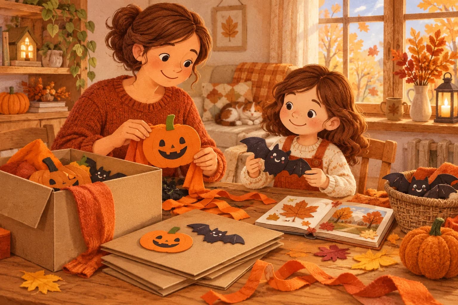 Un enfant et un parent trient des décorations d’Halloween et préparent un album d’automne autour d’une table.