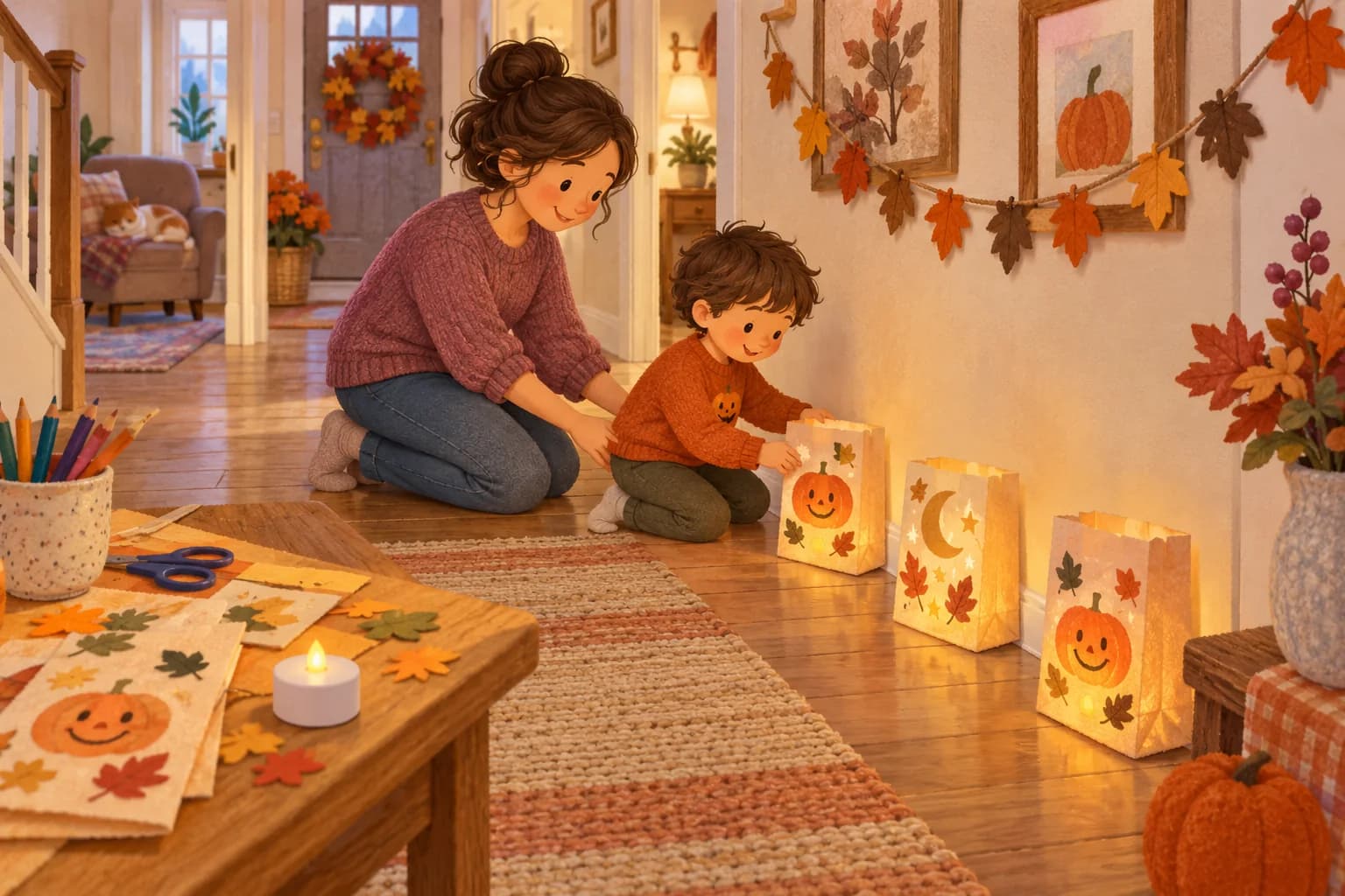 Un enfant et un parent installent des lanternes en papier à LED, décorées de citrouilles souriantes, le long d’un couloir.