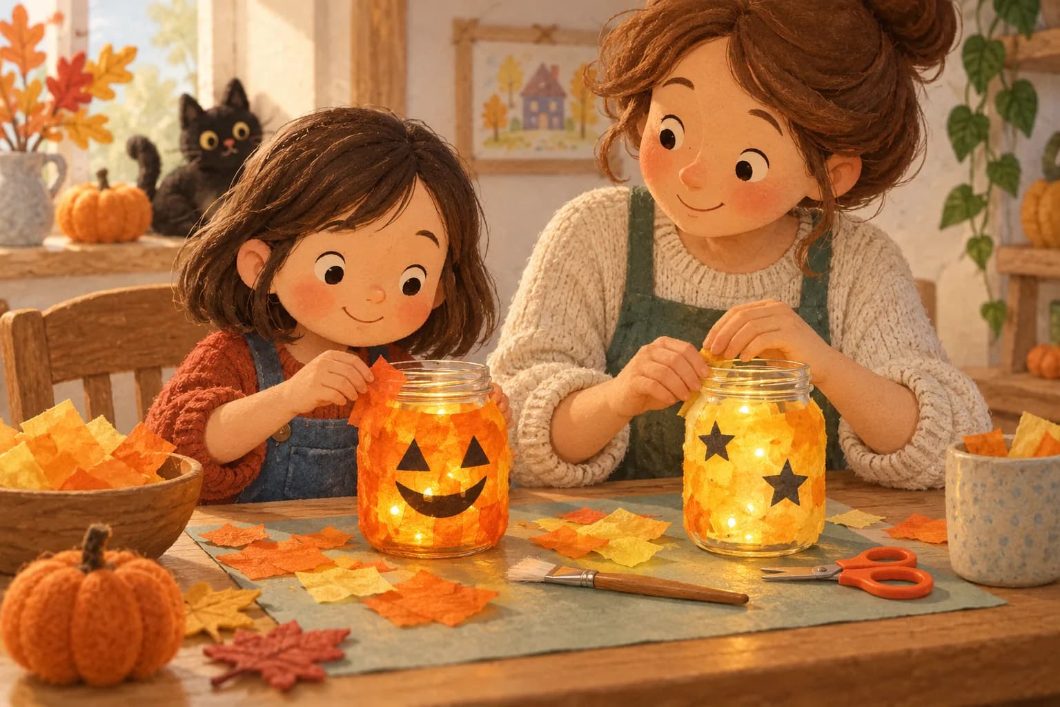 Un enfant et un adulte décorent des pots en verre avec du papier coloré et des lumières LED.