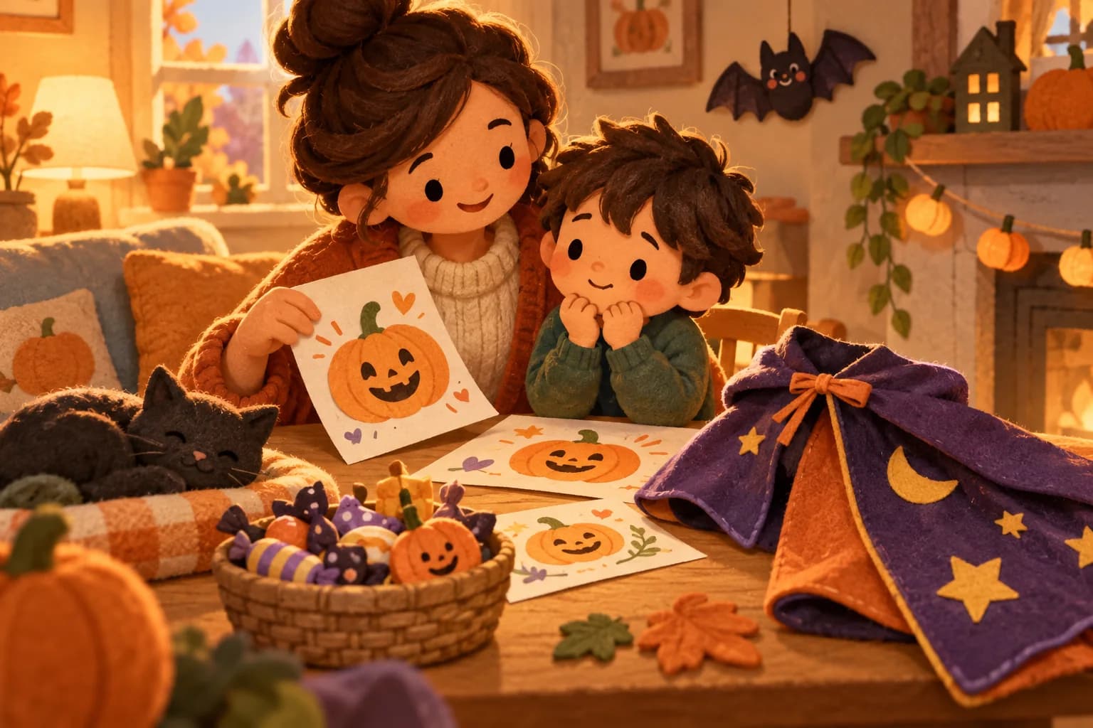 Un parent aide un enfant un peu inquiet à préparer une fête d’Halloween douce à la maison