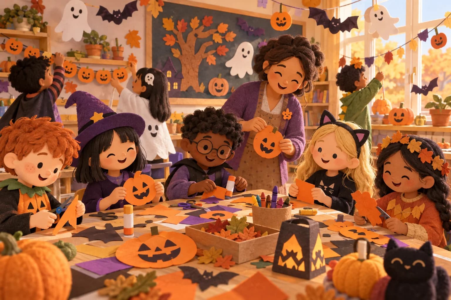 Enfants et enseignante préparant une fête d’Halloween douce en classe