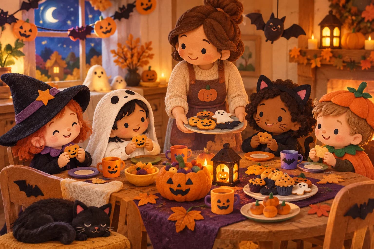 Goûter d'Halloween doux avec des enfants assis et un adulte qui surveille