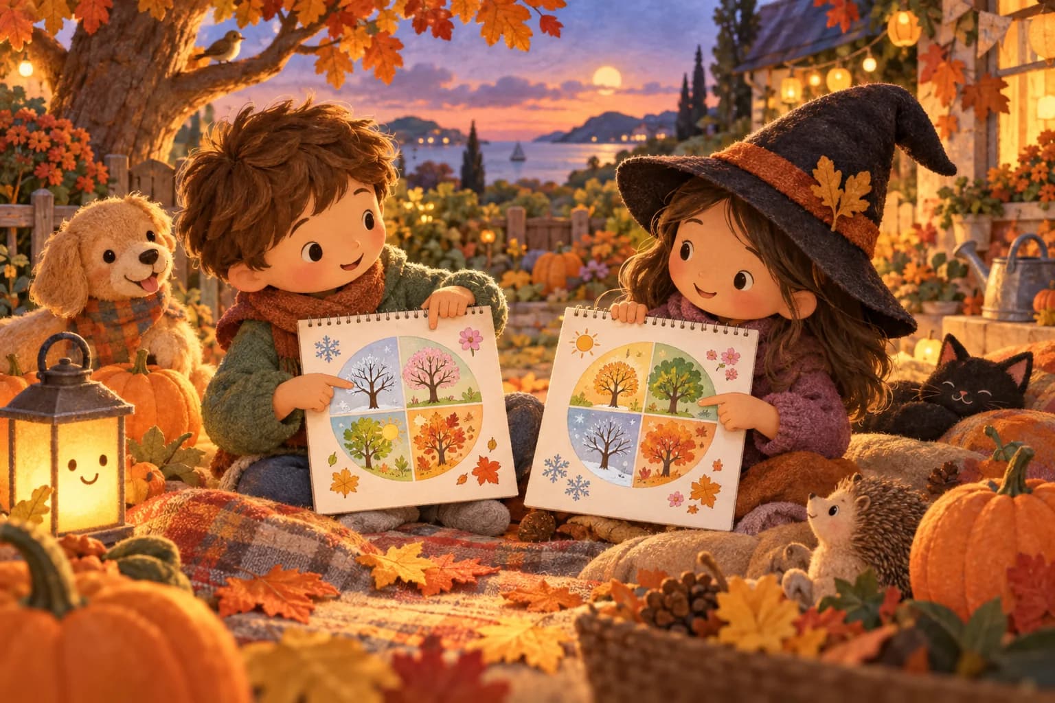 Enfants comparant les saisons autour de citrouilles et de feuilles d’automne