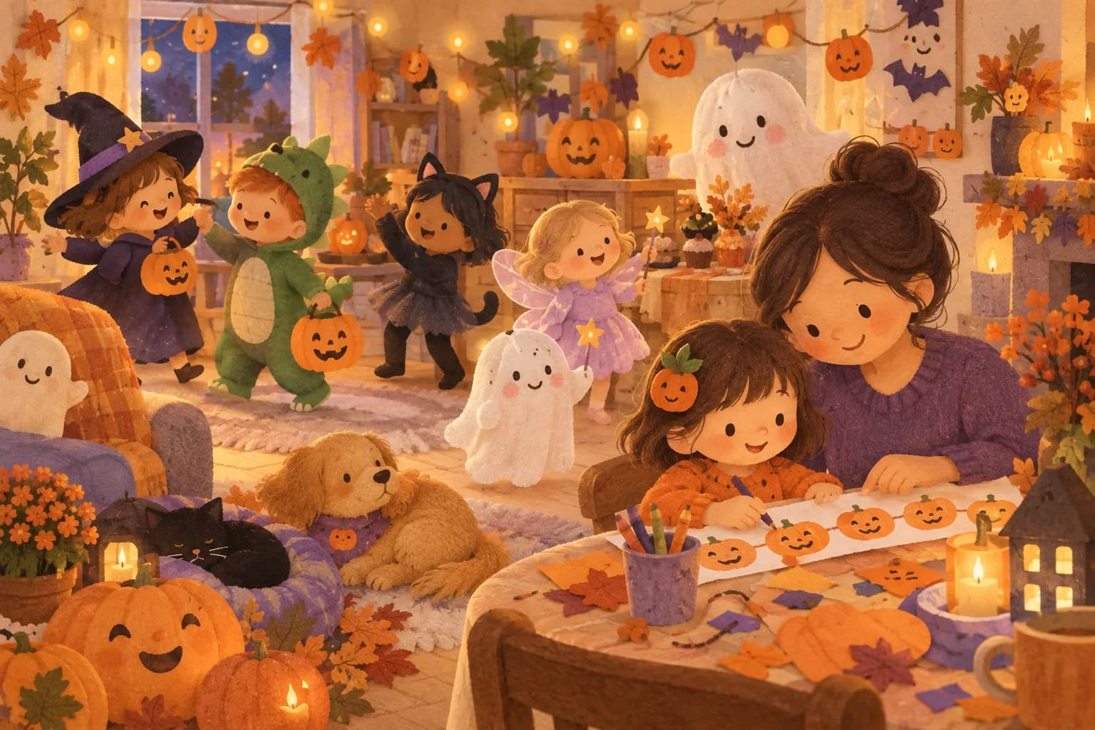 Enfants et parent décorant des citrouilles souriantes pour une fête d’Halloween douce