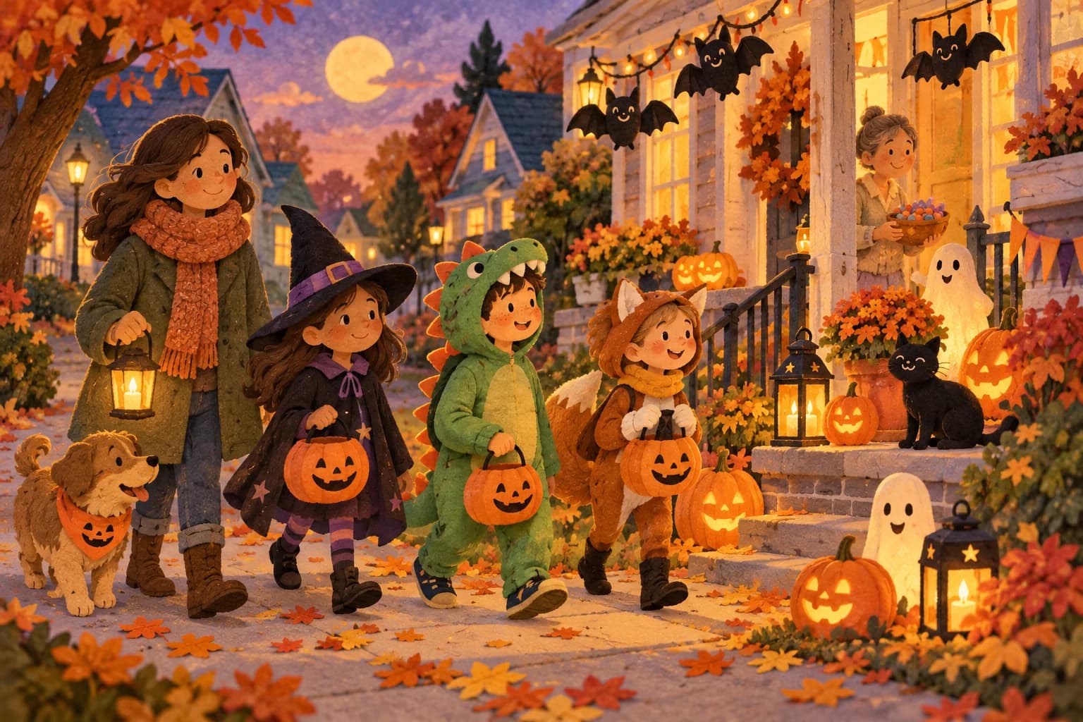 Un parent accompagne deux enfants déguisés dans une rue calme décorée pour Halloween