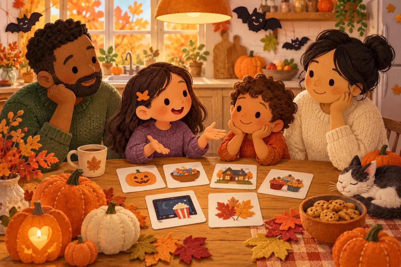 Une famille discute calmement des différentes façons de vivre Halloween autour d’une table décorée de citrouilles en papier