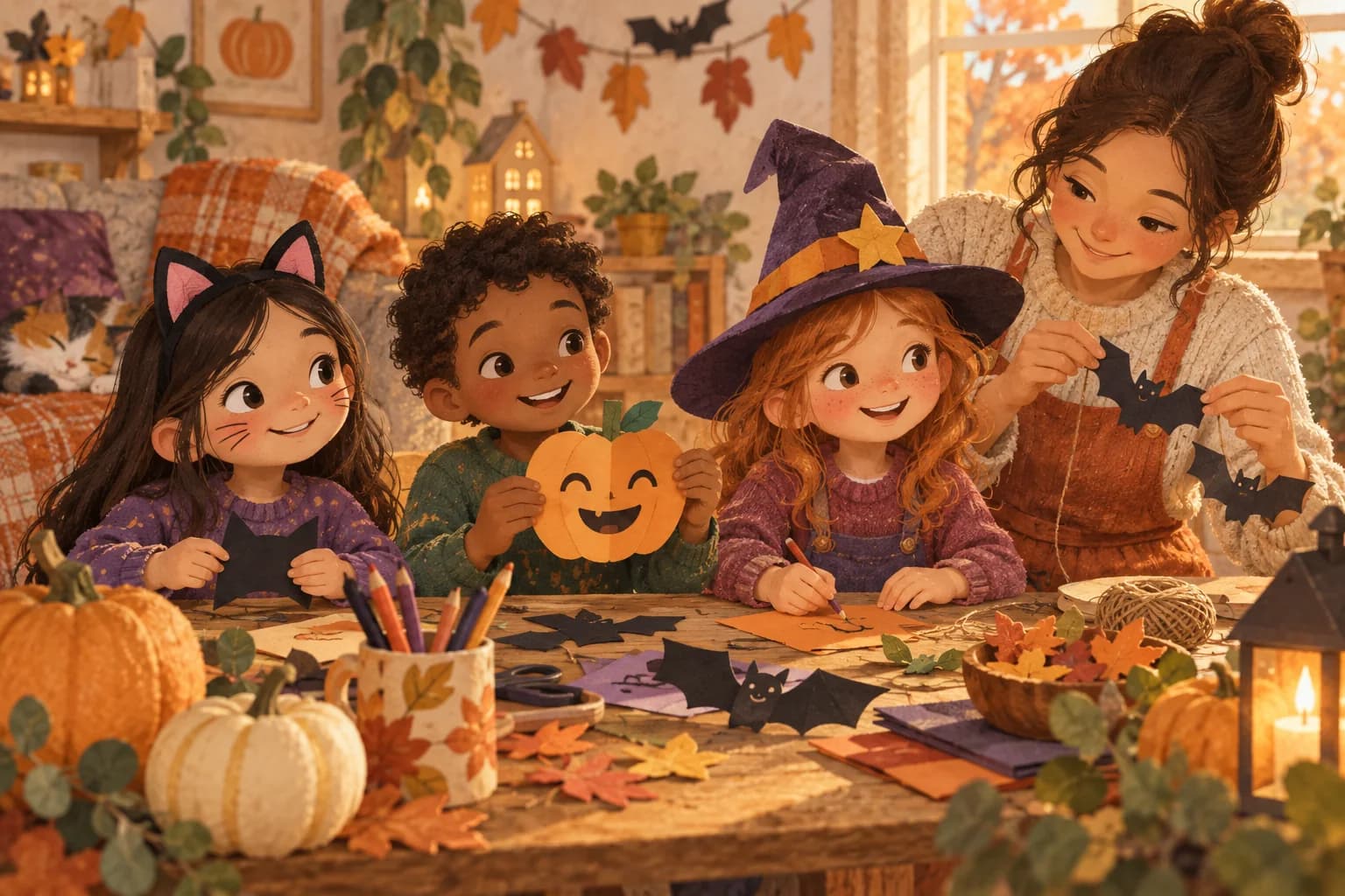 Des enfants et un parent fabriquent des décorations de citrouille, avec des oreilles de chat et un chapeau de sorcière.