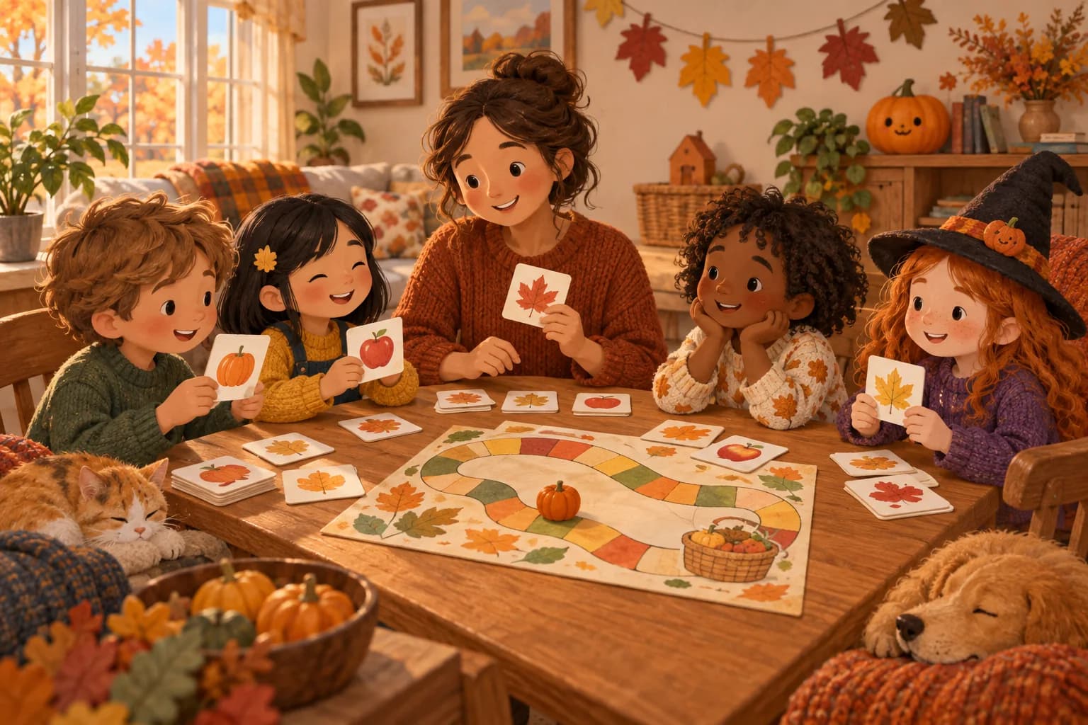Des enfants et un parent jouent aux cartes et à un jeu de parcours autour d’une table décorée aux couleurs de l’automne.