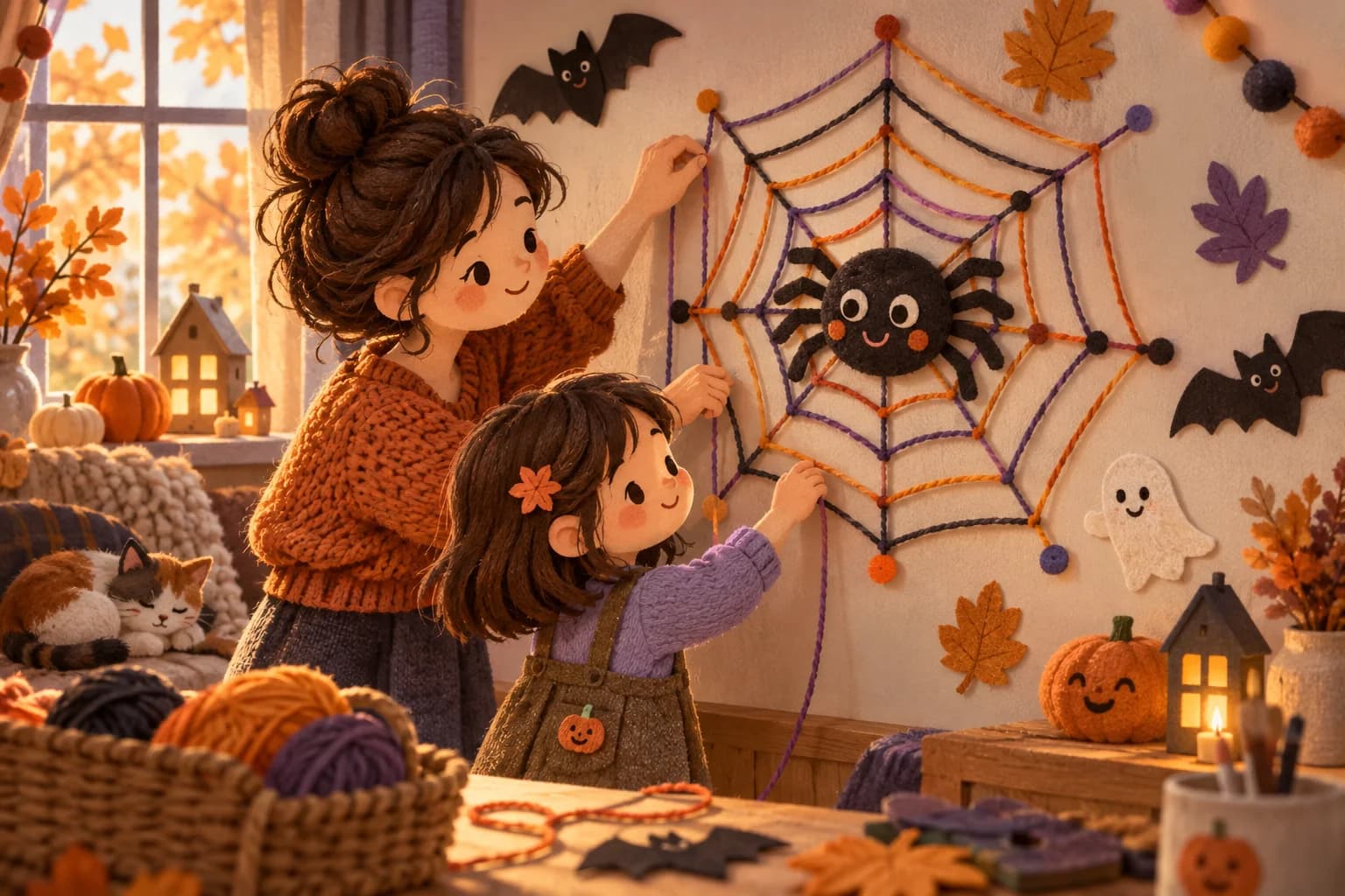 Un enfant et un adulte fabriquent une toile d’araignée en laine dans une pièce décorée pour Halloween.