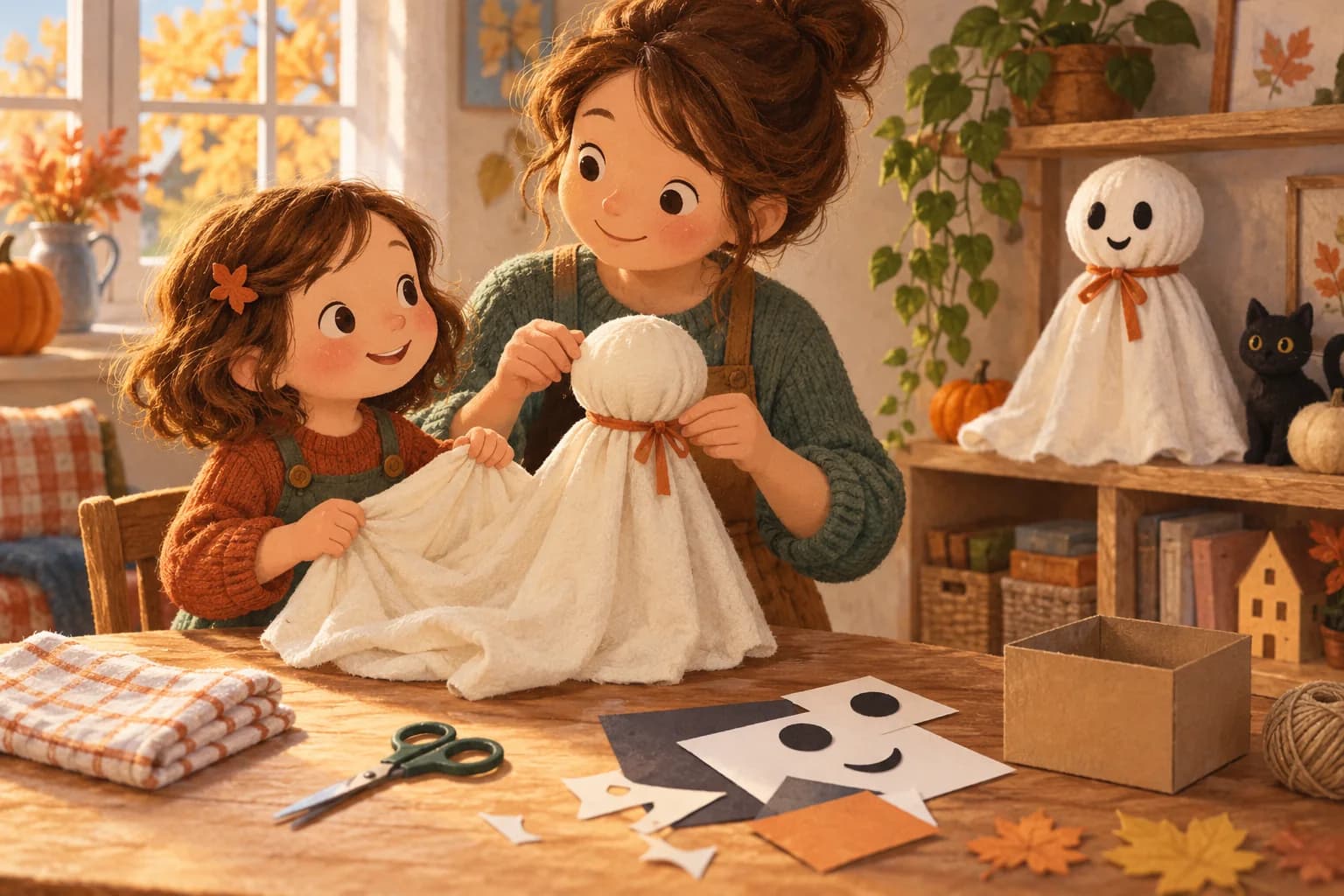 Un enfant et un adulte fabriquent un fantôme souriant avec une vieille taie, un ruban et une boîte cachée sous le tissu.
