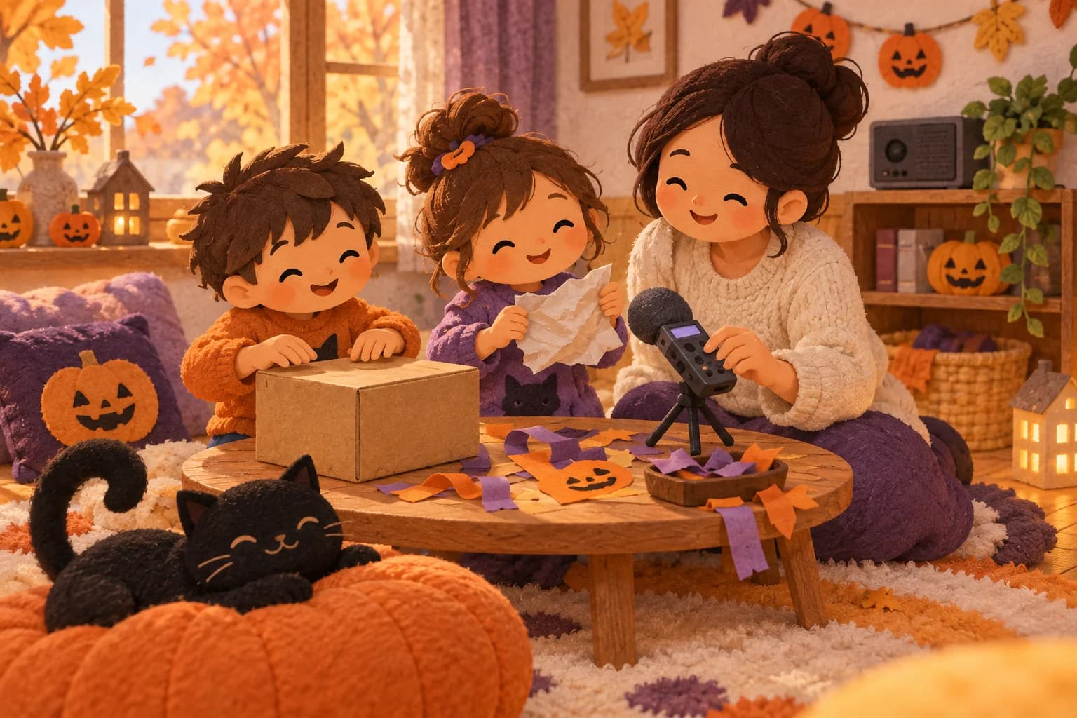 Deux enfants et un adulte enregistrent des bruitages avec du papier et une boîte dans un décor d’Halloween doux.