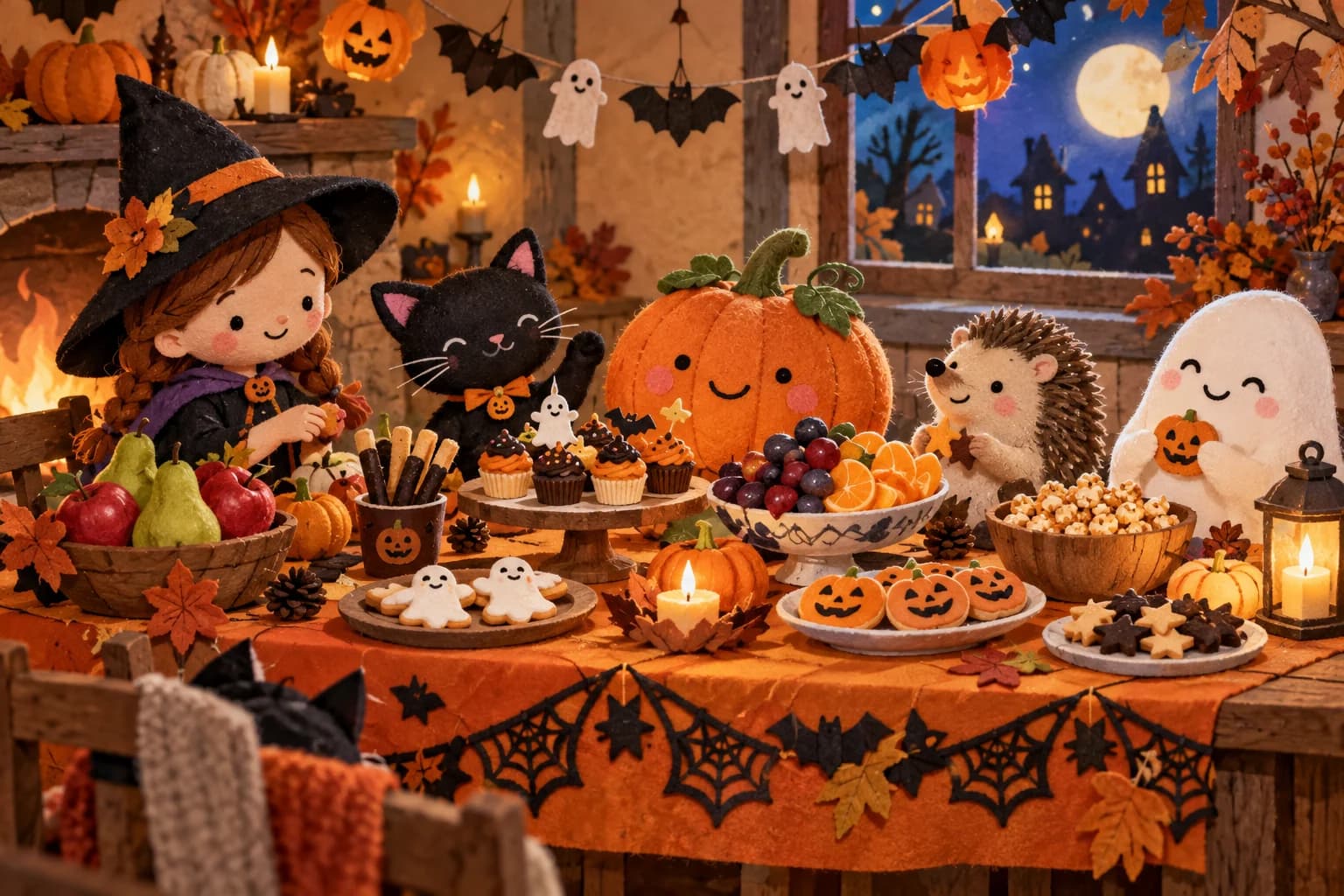 Table de goûter colorée avec fruits, petites douceurs, serviettes et décorations d’Halloween souriantes