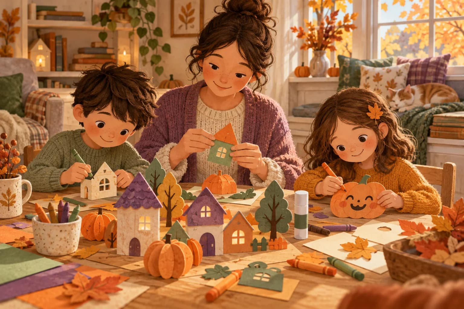 Deux enfants et un parent fabriquent tranquillement un village de citrouilles en papier autour d’une table.