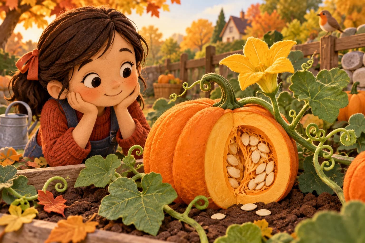 Enfant observant une citrouille avec sa fleur et ses graines