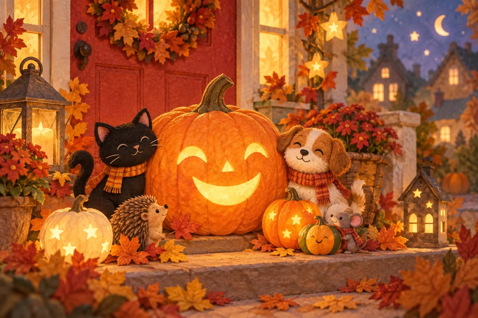 Citrouille souriante éclairée sur un pas de porte entouré de feuilles d'automne