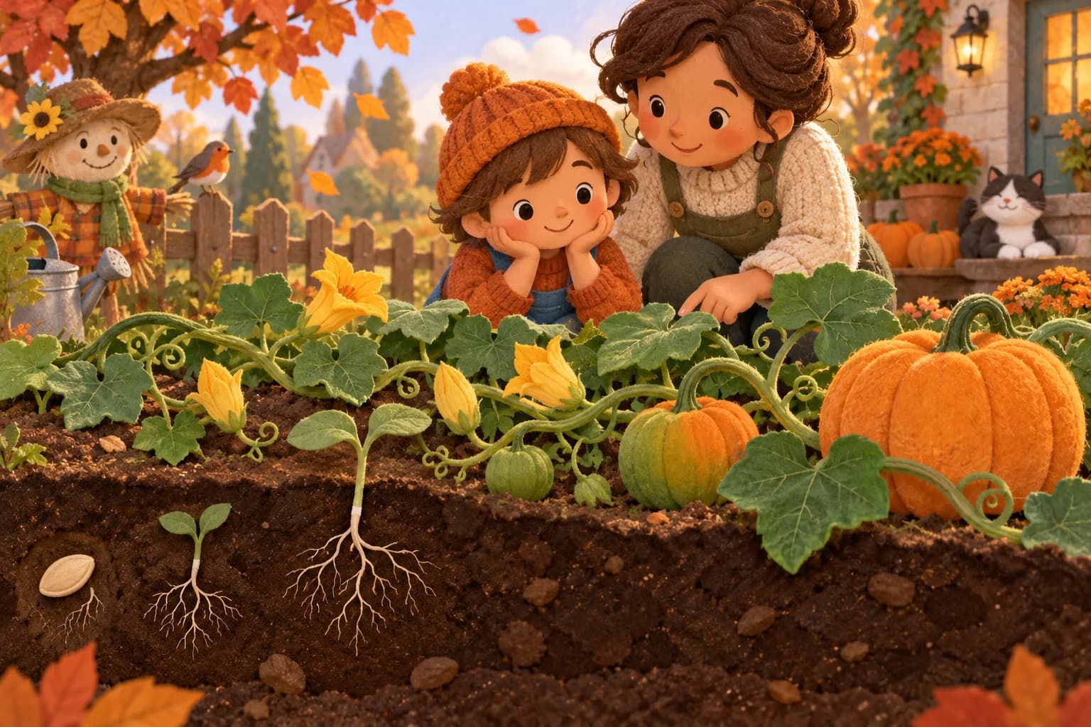 Un enfant et un parent observent les étapes de croissance d’une citrouille dans un jardin d’automne