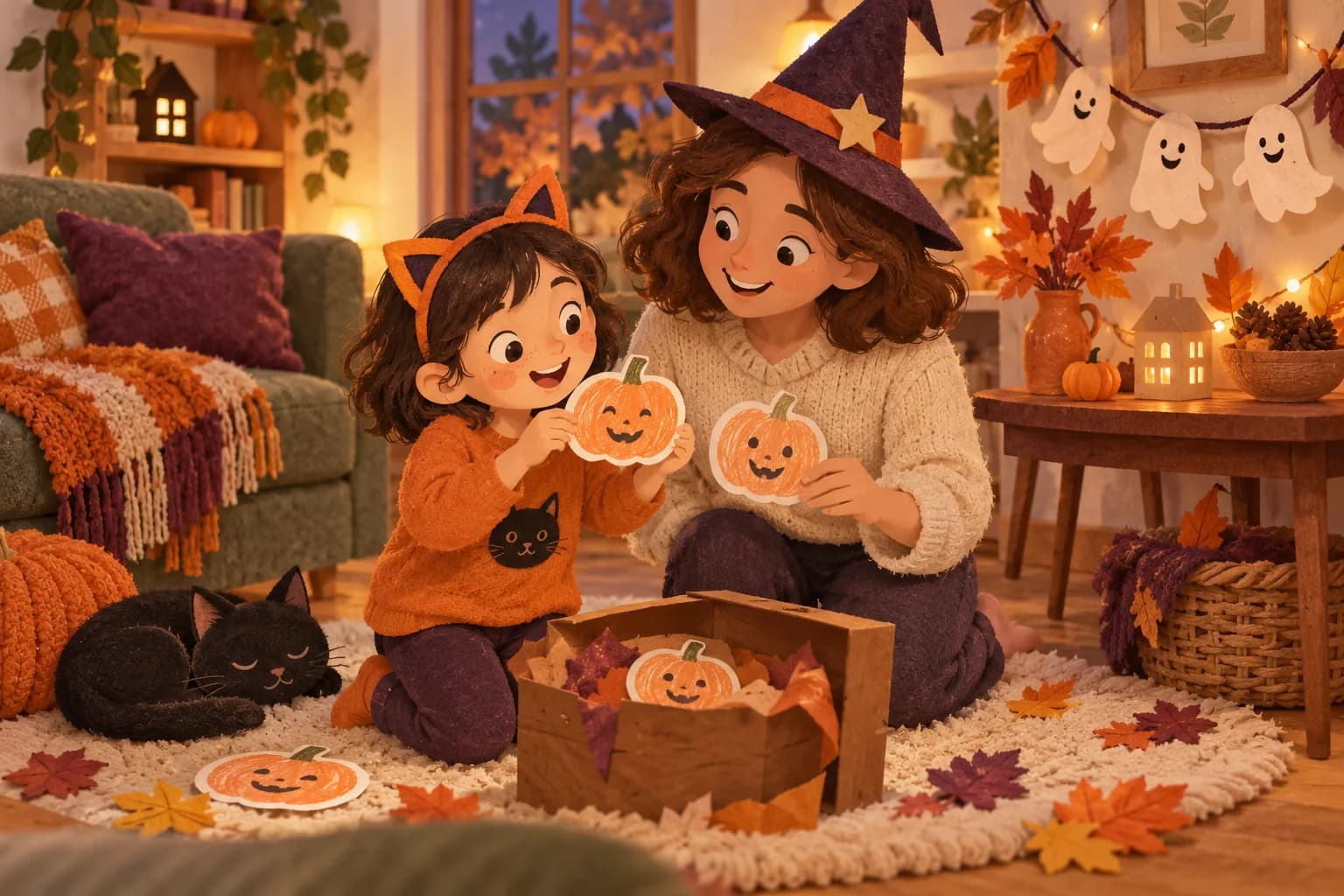 Un enfant et son parent cherchent des citrouilles en papier dans un salon décoré pour un Halloween doux.