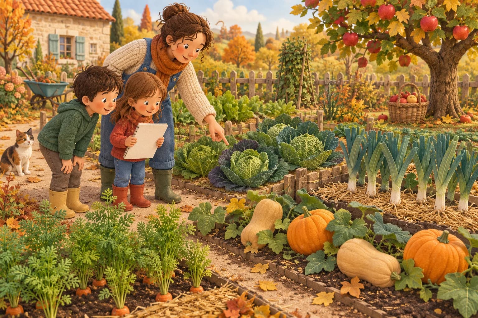Deux enfants et un parent observent des courges, des poireaux et des choux dans un potager d’octobre, près d’un pommier.