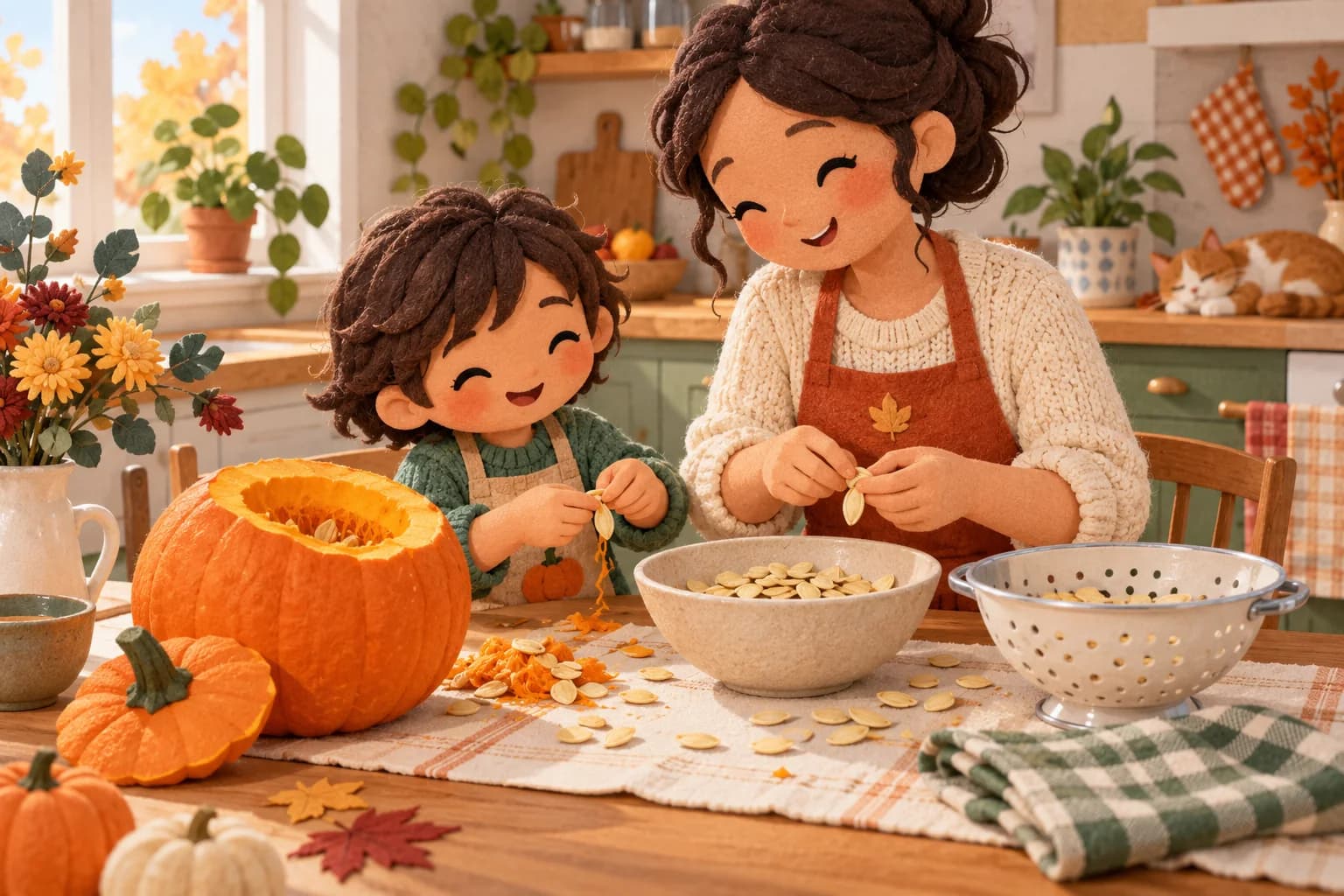 Un enfant et un adulte trient les graines d'une citrouille fraîchement ouverte dans une cuisine lumineuse.