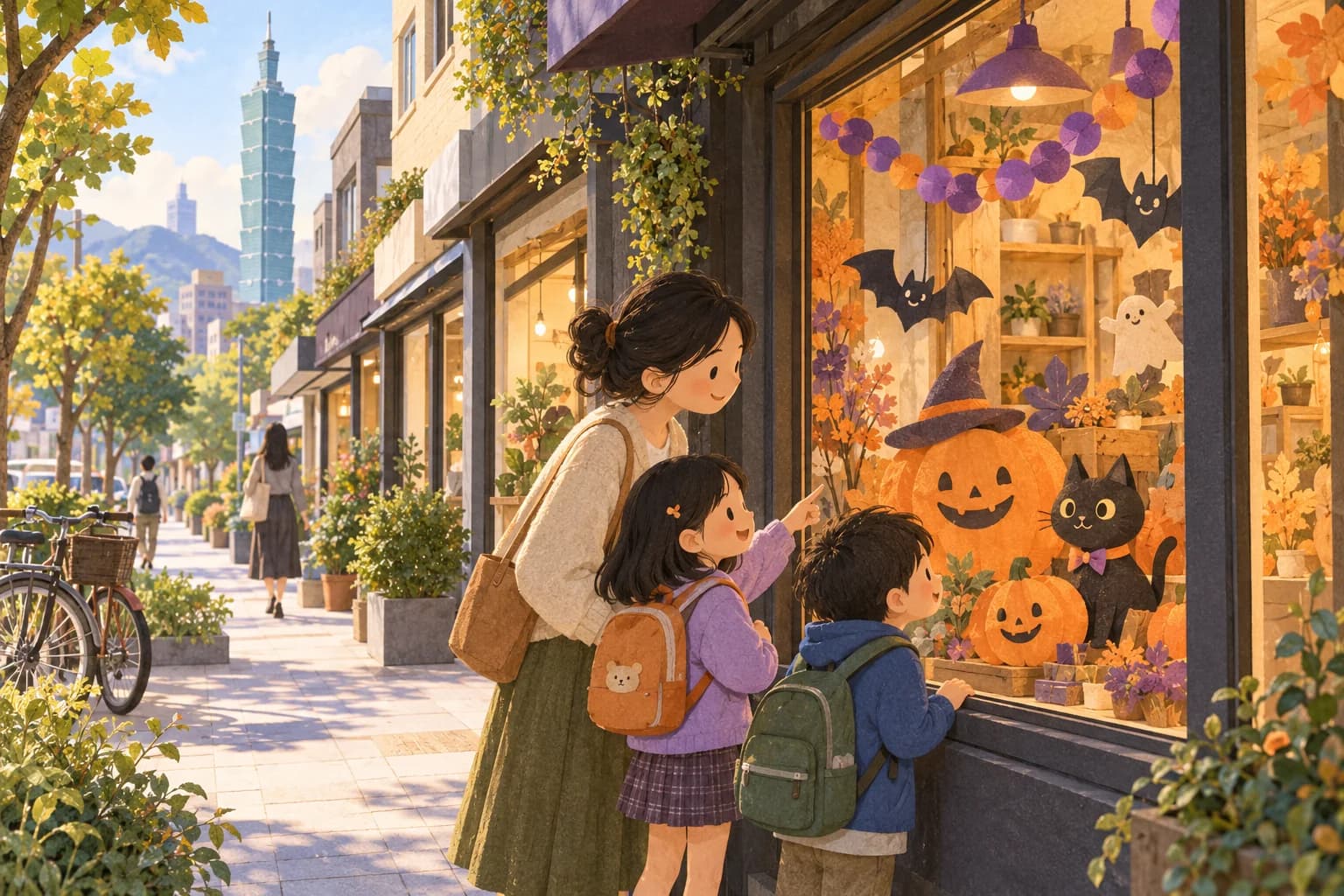 Un parent et deux enfants observent une vitrine décorée de citrouilles souriantes dans une rue de Taipei.