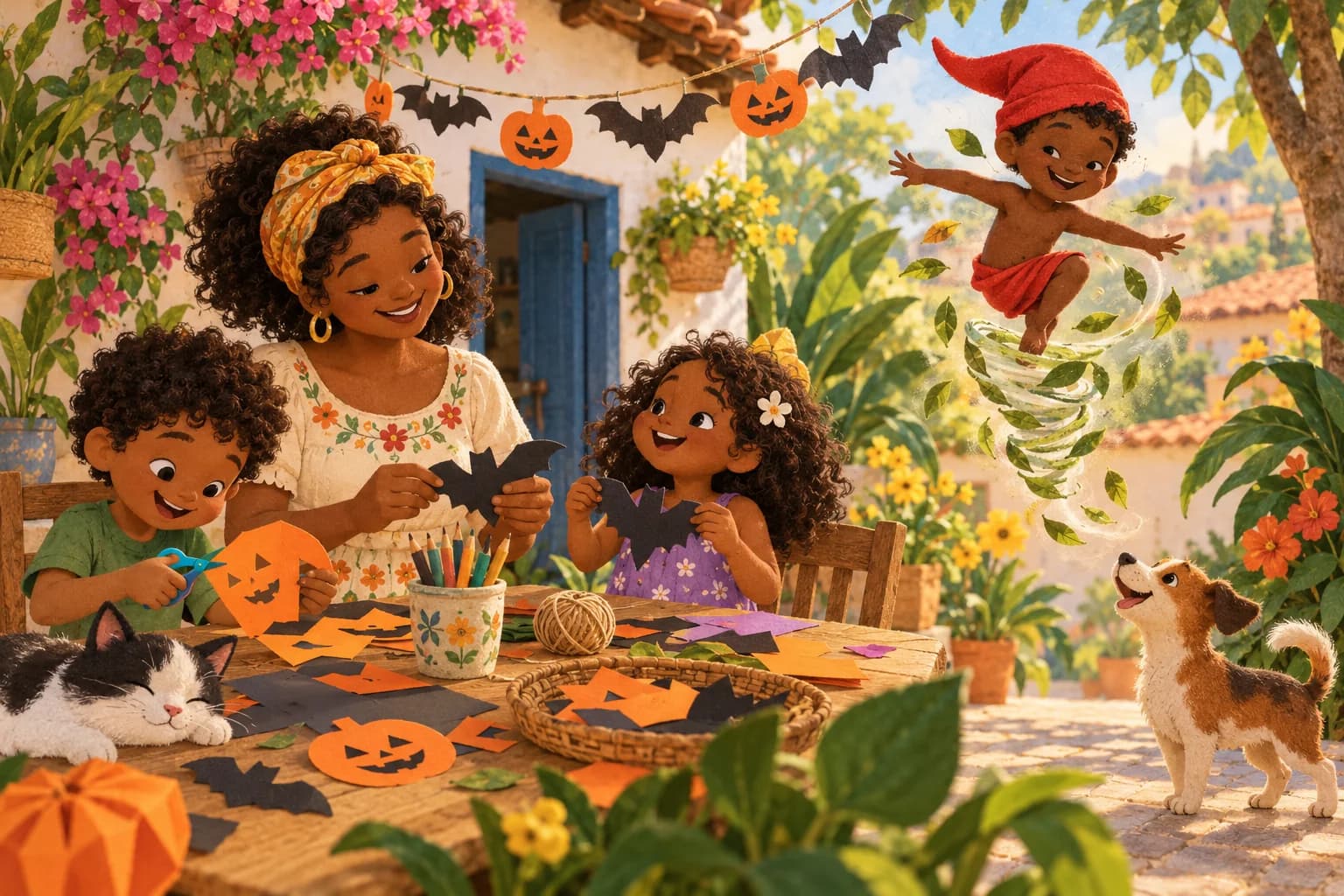 Des enfants fabriquent des décorations d’Halloween dans une cour fleurie, près d’une évocation du Saci au bonnet rouge.