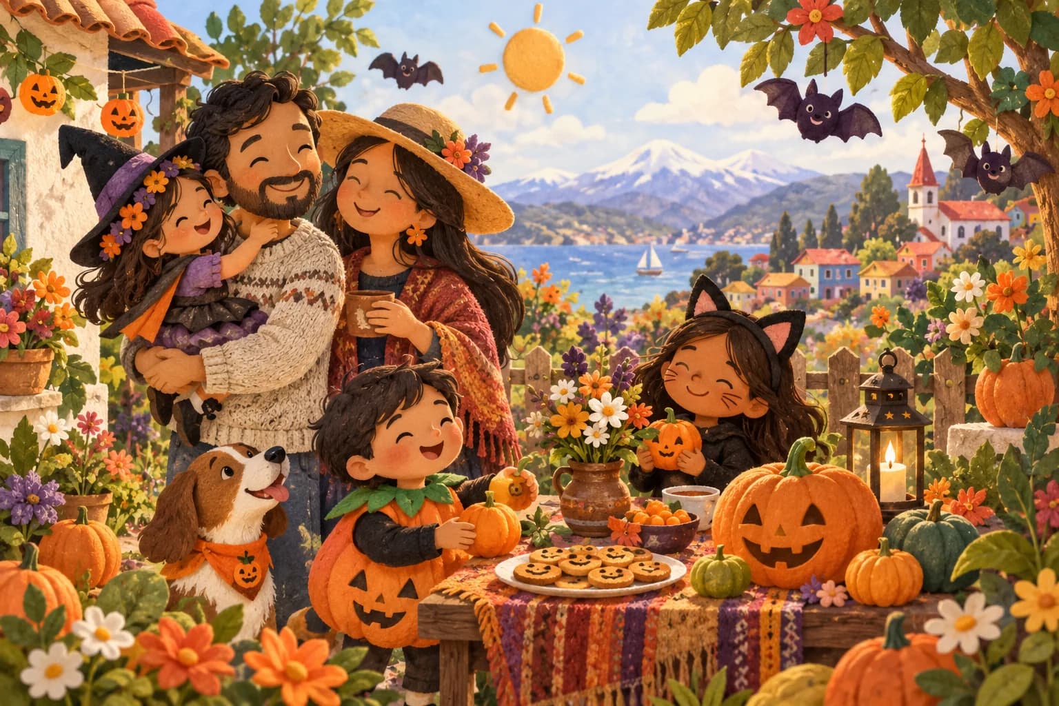 Famille chilienne fêtant Halloween au printemps avec des citrouilles colorées