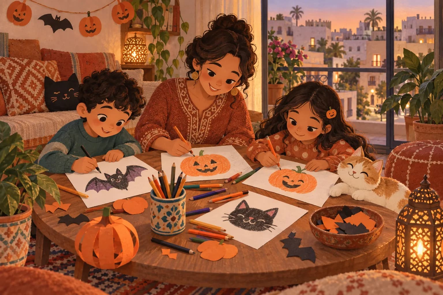 Dans un appartement au Maroc, deux enfants et un parent dessinent des décorations d’Halloween souriantes.