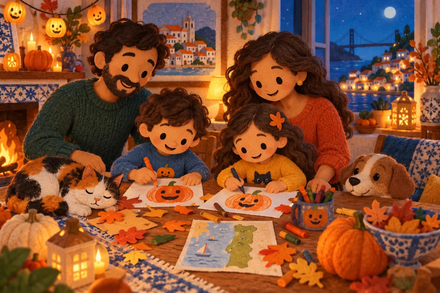 Une famille portugaise dessine des citrouilles et une carte du Portugal pour Halloween