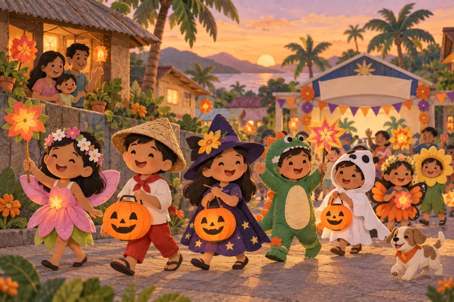 Des enfants philippins défilent avec des costumes colorés, des citrouilles en papier et des fleurs