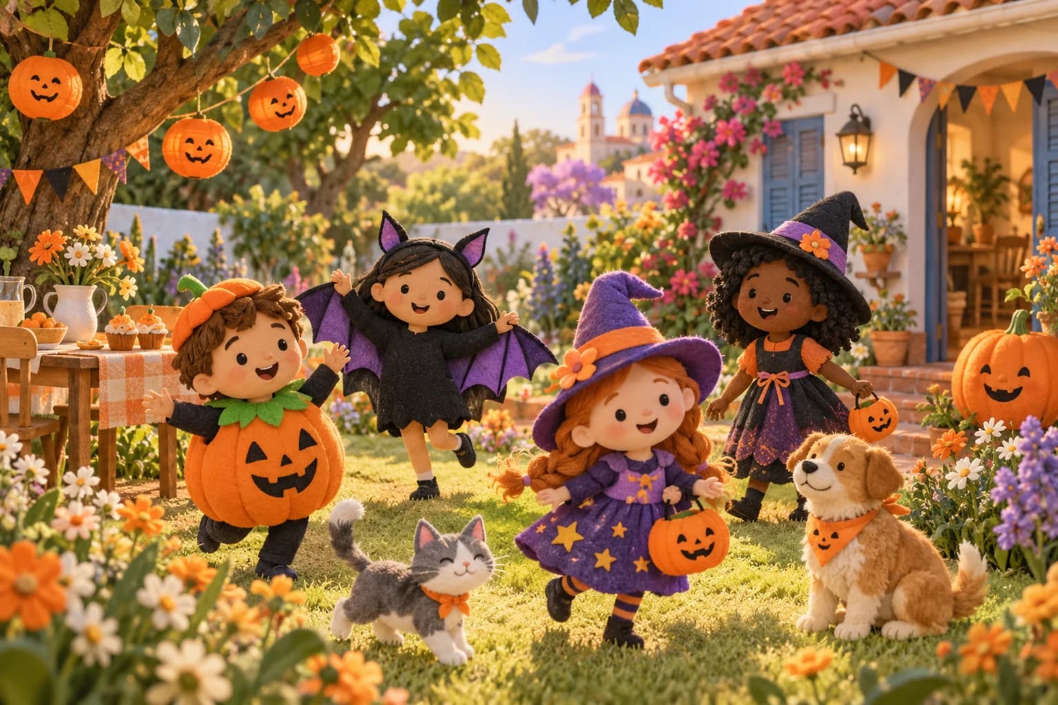 Enfants déguisés fêtant Halloween au printemps dans un jardin fleuri en Argentine